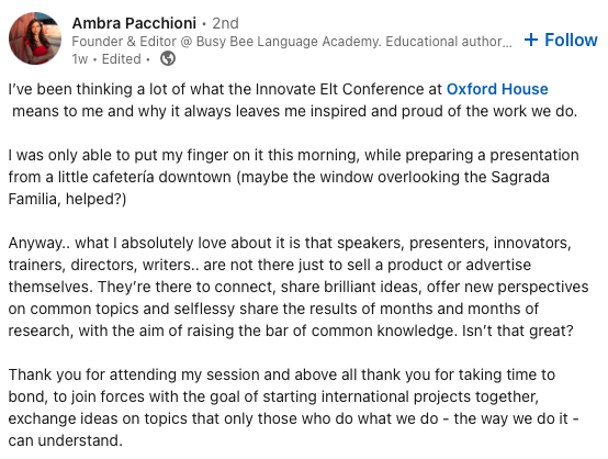 Comment on LinkedIn by Ambra Pacchione for the Innovate ELT conference