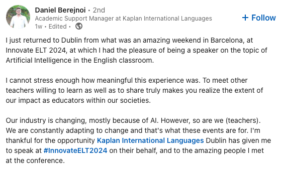 Comment on Linkedin Innovate ELT conference