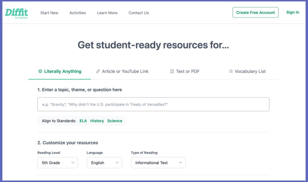 Diffit for creating topic-based lessons for EFL