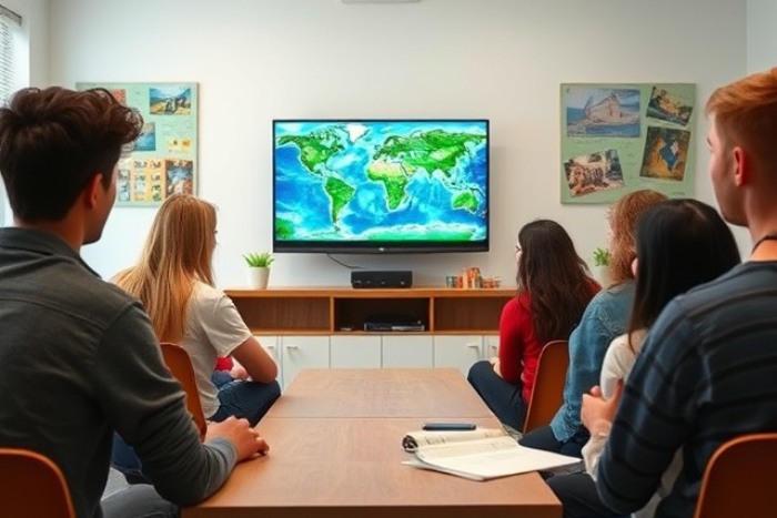 students doing a listening activity with a video clip