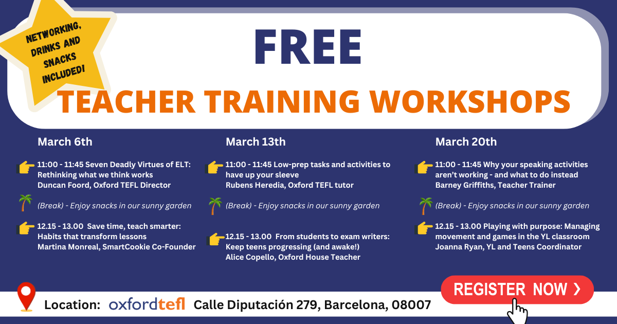 Free Teacher Training Workshops this March 2026 in Barcelona